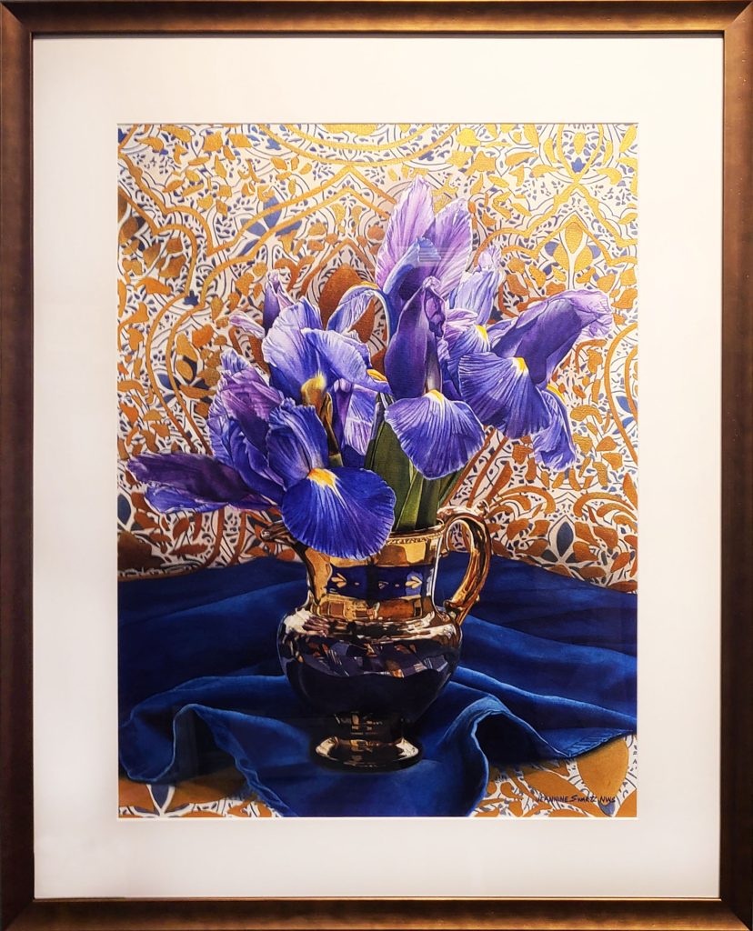 Irises in Copper Urn by Jeannine Swartz